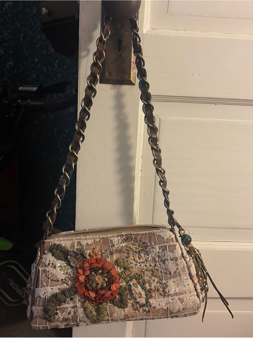 Mary Frances Boho Embroidered Beige Floral Shoulder Bag